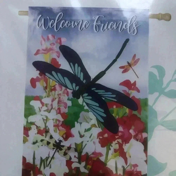House:Porch Flag, Welcome Friends,dragonfly & flowers - 28x44” - Picture 2 of 3